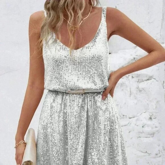 Silver Sexy Women's Sleeveless Sequin V-Neck Dress - Picture 3 of 4
